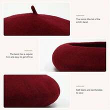 Women Vintage Wool Beret Hat  Classic French Style Soft Cap  All-Season Wearable Lightweight Knit Beret  Solid Color Artist Beret For Daily Outfits, Travel & Parties  Versatile Casual & Chic Accessory - 酒紅色 - 查看 7