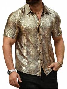 Men's 70s Disco Top Pattern Button Down Short Sleeve Shirt Rave Party PU Leather-Shirt - 金子 - 查看 11