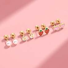 DAILI 14k Gold Plated Stud Earrings For Women, Hypoallergenic Stud Earrings Flatback Screw Back Earrings Cute Small Pearl Flower Pink Heart Strawberry 316L Stainless Steel Stud Earrings Set 4Pairs Best Gift - Cute Earring Set - D - View 4