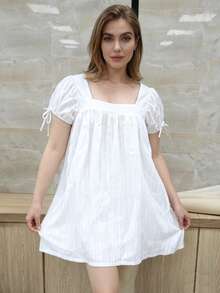 Women's Plus Size Dress Casual Stylish Solid Color Bows Square Neck Short Sleeve Mini Dress - trắng - Xem 3