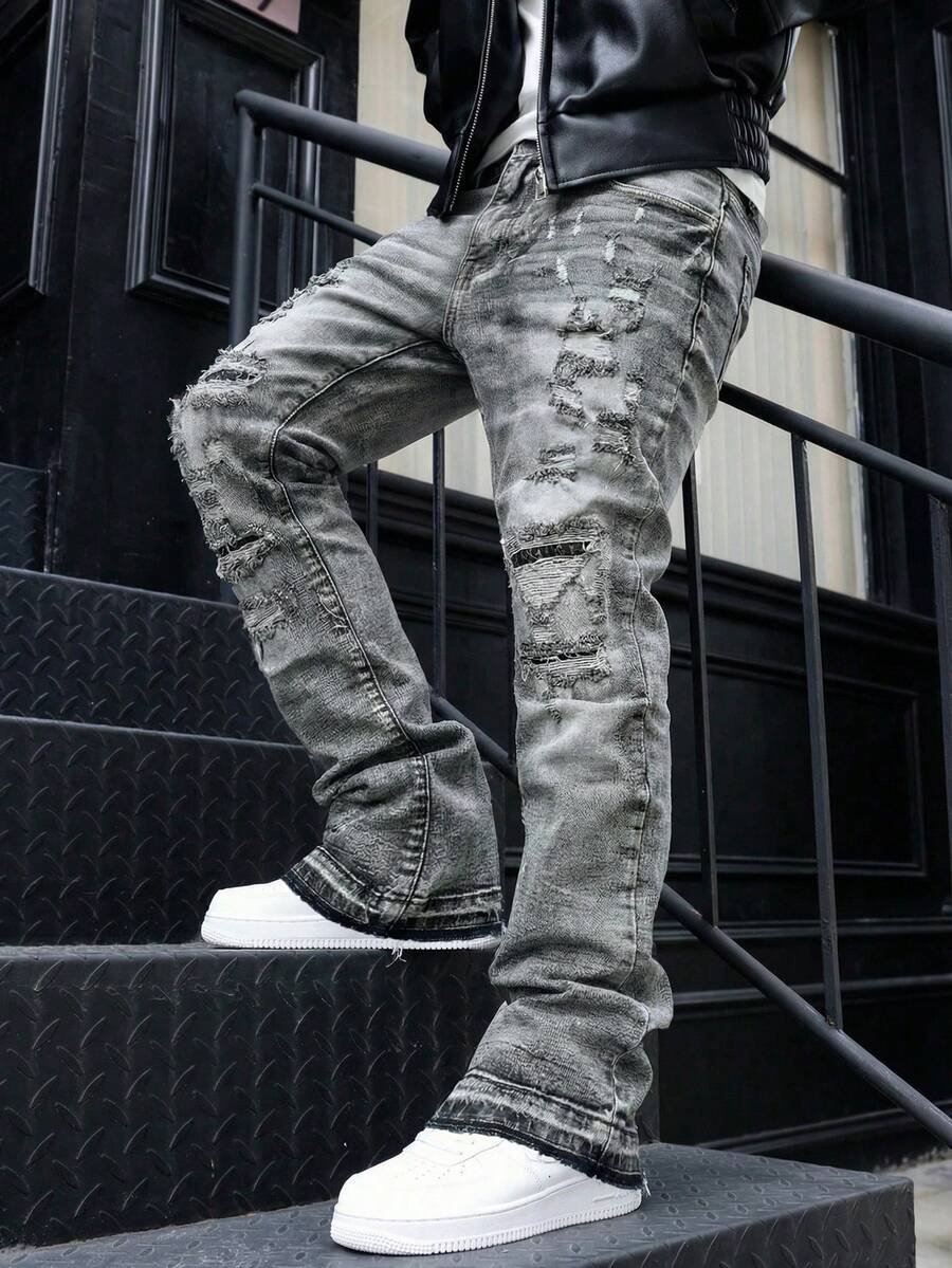 男士喇叭牛仔裤，修身破洞喇叭裤，Y2K堆叠式牛仔裤，撞色水洗刺绣牛仔裤，适合所有季节 - 灰色 - 查看 1