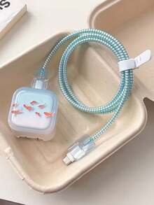 5pcs Gradient Blue Koi Fish TPU Charging Cable & Adapter Protector Case Set, Compatible With IPhone 17 Pro Max/40W Charger, Fast Charging - Multicolor - View 5