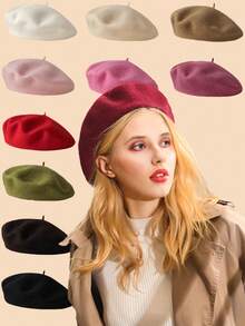 1 pièce Béret de couleur unie, casquette polyvalente pour femmes, style de peintre rétro, convient pour l'hiver, l'été, la plage - Multicolore - Voir 4