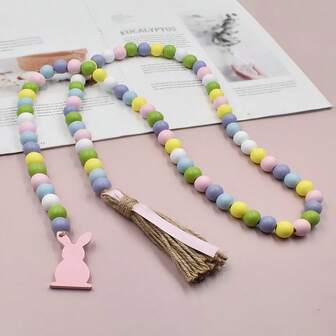 1 Guirnalda de madera con borlas, decorada con 84 cuentas, con elementos de corazón y conejo, adorno de corazón para el Día de San Valentín, decoración de boda estilo rústico bohemio, esencial para fiestas y reuniones de boda, decoración central de mesa, decoración de puerta/Halloween/Acción de Gracias/Navidad, Pascua, Ramadán, accesorios de decoración del hogar (dormitorio/sala de estar/pared del jardín, regalos para maestros/mejores amigos/regalos de inauguración de la casa)