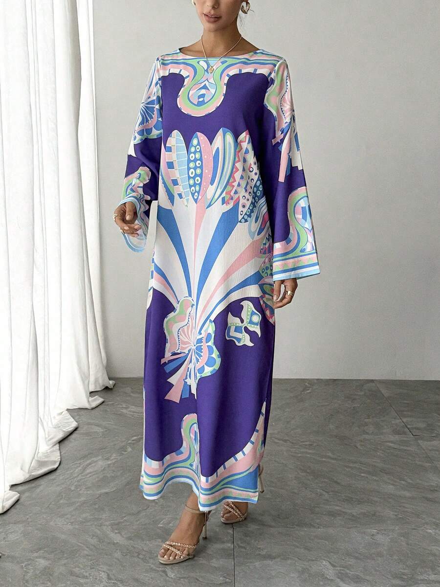 一件紫色印花女士休闲长袍，优雅宽松长款连衣裙，奢华节日派对礼服，传统阿拉伯长袍，送给妈妈、女儿、朋友的完美新年礼物 - 紫色 - 查看 1