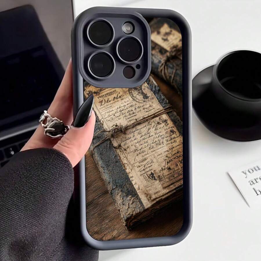 Funda para teléfono con borde protector color gris oscuro diseño de libro antiguo con escritura manuscrita estilo vintage ideal para amantes de la lectura y decoración clásica - Negro - Ver 1