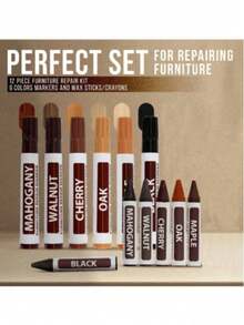 12件套家具及木地板修补套装 - 6支木材填充笔，6支蜡笔（黑色、枫木色、橡木色、樱桃木色、胡桃木色和红木色），用于家具修补。 - 均碼 - 查看 4