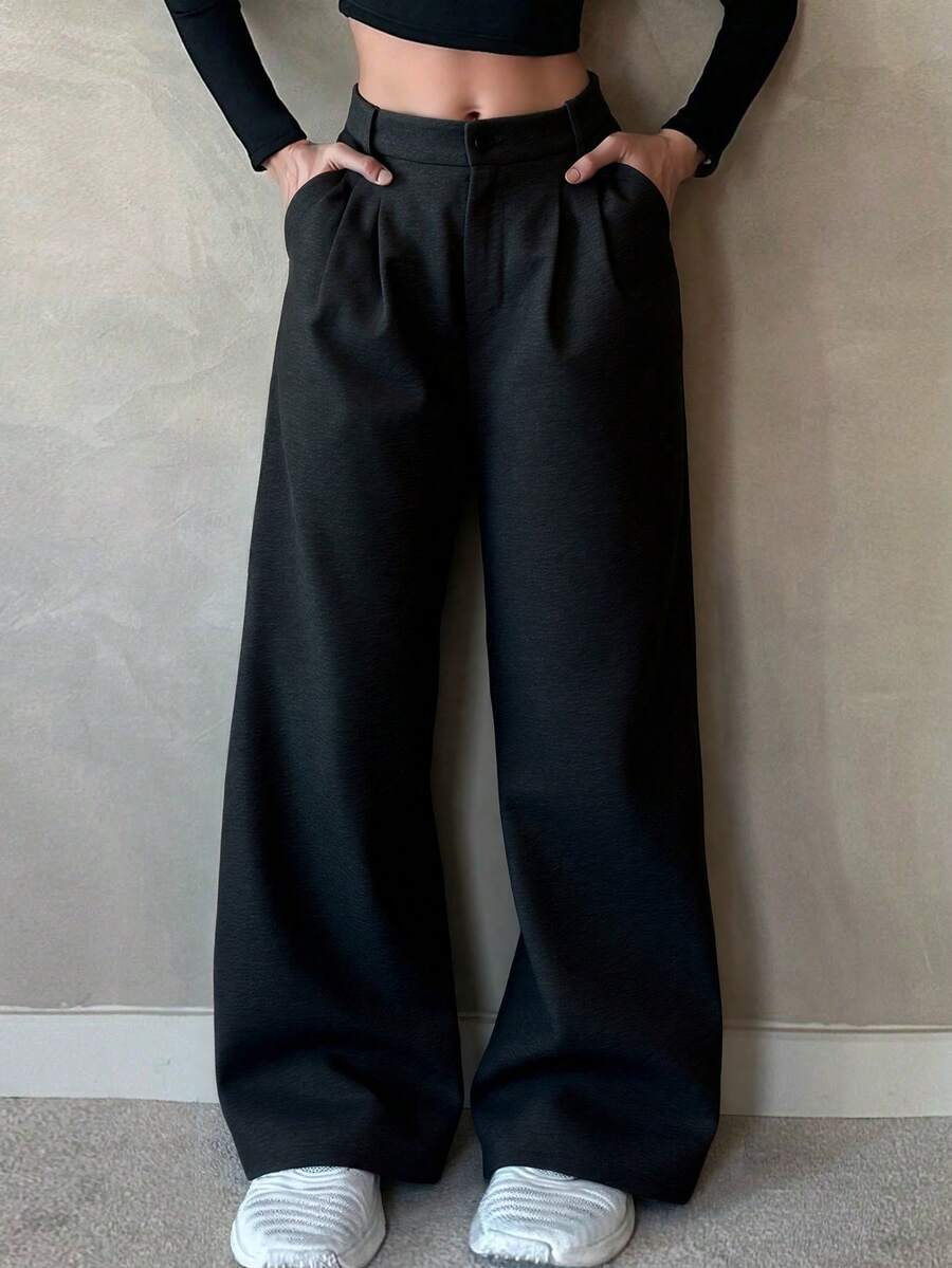 Pantalón casuales de oficina de unicolor, cintura alta, plisados y recto para dama - Negro 2 - Ver 1