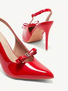 French Style Pointed Toe Slip-On Pumps For Women, Bowknot Decor, Sexy High Heel Closed Toe Shoes - Red - View 9