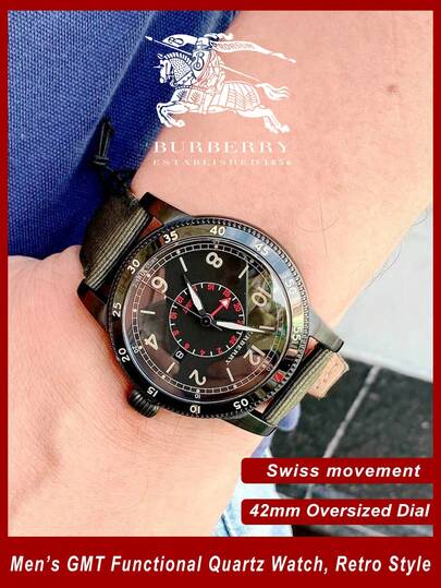 Burberry Đồng hồ nam analog Thụy Sĩ GMT Quartz màu xanh ô liu, dây đeo nylon.