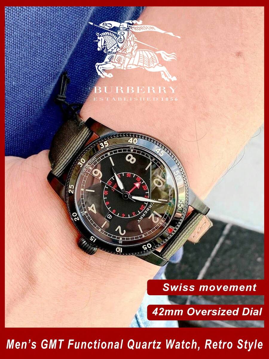 Burberry Đồng hồ nam analog Thụy Sĩ GMT Quartz màu xanh ô liu, dây đeo nylon. - màu đen - Xem 1