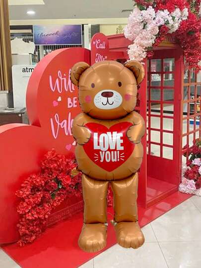 1pc I Love You Standing Brown Bear Balloon, Brown Bear Shaped Balloon, Suitable For Birthday, Party Decoration, Brown Bear Party Favor Decoration, Romantic Decoration, Confession, Proposal, Wedding, Anniversary, Bride Gift, Valentine's Day Decoration Balloon