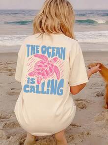 女士夏季度假海洋生物字母印花圆领T恤，图案T恤，白色、黑色、粉色 - 杏色 - 查看 7