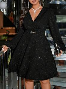 Maxikleid für Damen in Große Größen mit langen Ärmeln, Pailletten, elegantes Design mit V-Ausschnitt und Taillierung, A-Linie Silhouette, geeignet für Bankette, Abendpartys, festliche Anlässe