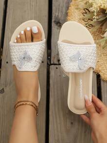 Sandales plates pour femmes, sandales de mode polyvalentes et décontractées pour les vacances avec décoration de strass, convenant pour le printemps et l'automne - Beige - Voir 2