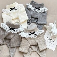 Maglione in maglia ad alta elasticità per animali domestici, autunno/inverno, maglione in maglia con colletto in pizzo per cani di piccola taglia, vestiti a due gambe per gatti e cani, maglione caldo e delicato, maglione in maglia bianco per animali domestici, vestiti caldi per autunno/inverno per cani di piccola taglia come Teddy/Barboncino, maglietta con orlo in pizzo e fiocco - Grigio - Visualizzare 5