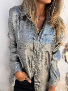 女士优雅长袖衬衫 - 四季皆宜的百搭休闲纽扣衬衫 - 銀色 - 查看 8