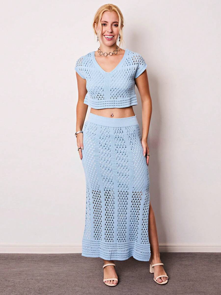 elegante  Casual  Sensual    Tricô    Renda    Praia  Férias  Jardim  Sessão de fotos  Noite - Azul bebê - Visão 1