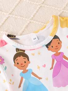 Set de 3 piezas Nuevo Llegada Primavera/Verano Pijama Lindo para Niña Joven, Conjunto de Ropa de Dormir con Estampado de Princesa Castillo, Cuello Redondo Manga Larga Ropa de Casa Cómoda - Blanco - Ver 5