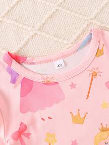 Set de 2 piezas de pijama de niña con estampado de varita mágica de princesa, cuello redondo, manga larga, ropa de dormir infantil, ropa de casa casual y cómoda, primavera/verano - Rosa - Ver 6