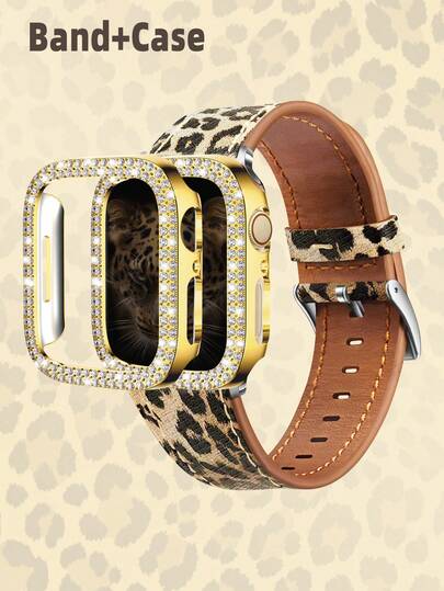 1 Set: 1 pieza Correa de cuero con estampado de leopardo marrón y 1 pieza Carcasa protectora con bisel de cristal de Ródalo dorado, compatible con Apple Watch Ultra/Series 3/2/1, 38mm/40mm/41mm/42mm/44mm/45mm/46mm/49mm, accesorios de moda para mujeres jóvenes