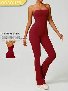 女士露背蜜桃提拉运动瑜伽连体裤，休闲健身喇叭裤 - 紅色 - 查看 1