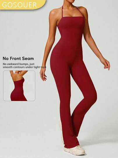女士露背蜜桃提拉运动瑜伽连体裤，休闲健身喇叭裤