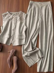 Ensemble d'été élégant et décontracté pour femmes, nouveau gilet ajouré et pantalon large, couleur unie, tenue de Pâques pour femmes - Gris pâle - Voir 11