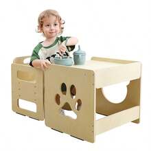 Kids Weaning Table And Chair Set, 3-Level Height Adjustable Chair & Activity Table With Fence, Step Stool, Natural Solid Wood Toddler Furniture For Mealtime Eating, Playing & Learning, Drawing - Maple - View 12