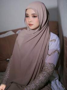 1pc Women's Heavy Embellished Diamond Edge Solid Color Scarf, Elegant Shawl, Moroccan Diamond Trim Long Scarf, Muslimah Hijab Suitable For Travel, Party, Occasion - Heavy-duty Diamond-edged Solid Color Chiffon Scarf Hjiab Ladies Shawl - View 5