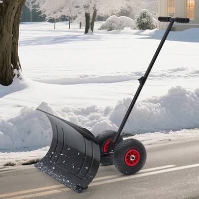Snow Pusher Shovel With Wheels&29" Adjustable Blade,Heavy Duty Push Snow Plow For Driveway & Sidewalk,5 Height Settings,Angled Snow Removal Tool For Pavement