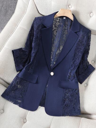 Sheer Sapphire Blue Blazer Jacket For Women, Lightweight Summer Casual Office Top, Short Petite 3/4 Sleeve Suit