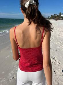 Womens Polka Dot Print Crop Camisoles Tank Tops Spaghetti Straped Deep-V Neck Bow Cami Streetwear Party Clubwear Going Out Tops Vacation Outfits Women, Holiday Outfits Women, New Years Outfits Women - 紅色 - 查看 4