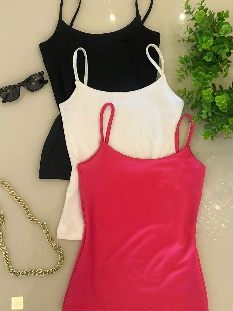 Set Of 3 Women's Tank Tops With Thin Straps, Spandex Fabric With Lining, Summer , Bestseller, Christmas, Basic, Beach, Vacation - 彩色 - 查看 1