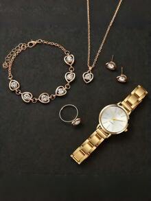 6 piezas Elegante Conjunto de Reloj de Cuarzo y Joyería, Reloj de Mujer Redondo de Moda, Collar de Cristal, Aretes, Anillo, Pulsera - Dorado - Ver 7