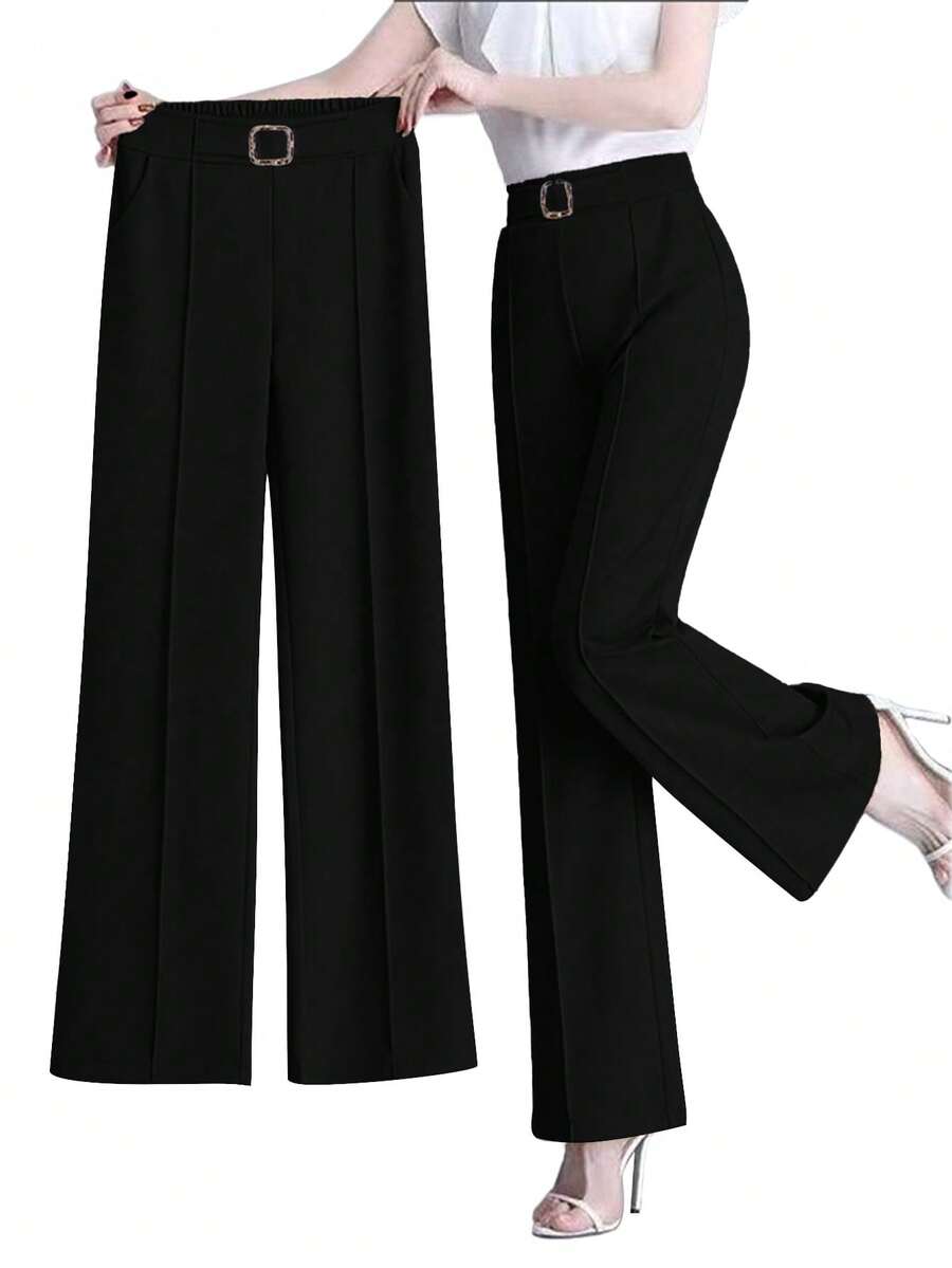 女士优雅纯色牙签条纹直筒宽松休闲裤 - 黑色 - 查看 1