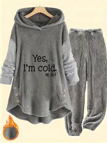 Women's Gray Fleece Loungewear Set: Cozy Matching Two-Piece With Hooded Top Featuring "Yes, I'm Cold" Funny Quote & Button Detail + Jogger Pants For Ultra-Warm Winter Relaxation, Home Comfort & Valentine's Day Gift. - 混合色 - 查看 2