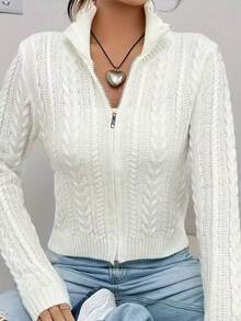 Jersey de punto con cremallera corta para mujer Nuevas prendas de punto para mujer: estilo europeo y americano. Primavera/otoño. Cárdigan corto de cuello alto con cremallera y manga larga de punto trenzado. Cárdigan corto de punto con cremallera para mujer. Otoño/invierno. Nueva chaqueta mini versátil con cremallera de estilo coreano. - Blanco - Ver 3