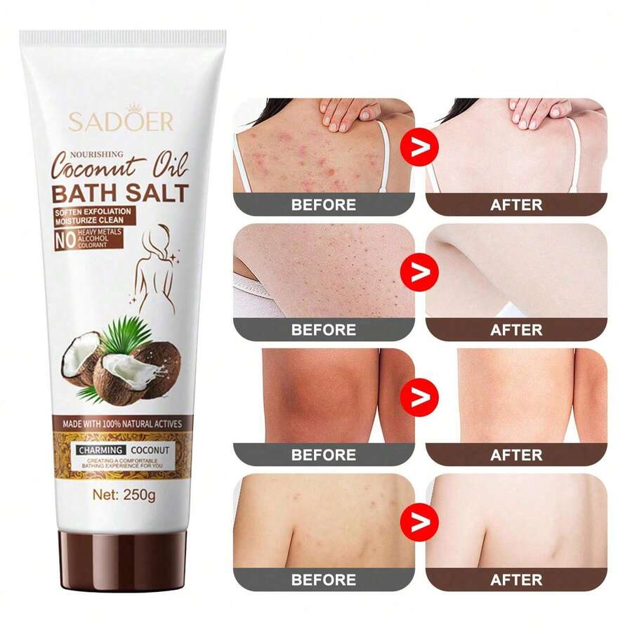 1pc Exfoliating Scrub, Coconut Oil Bath Salts, Scented Shower Gel.,Bath And Body Products,Gently Cleanses Without Damaging Or Irritating The Skin. Contains Coconut Essence For A Long-Lasting Fragrance. Controls Oil And Exfoliates, Removing Dead Skin Cells. A Perfect Holiday Gift. - White - View 1