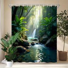 1pc Tropical Waterfall Shower Curtain -  Cascading Waterfalls & Sunlit Greenery Design, Durable Polyester Fabric, Machine Washable With 12 Hooks, 179.83x179.83 Cm For Bathtub, Spa-Like Bathroom Decor, Shower Curtain For Bathrooms, Vibrant Print Quality, Home Spa Decor, Peaceful Decor, Easycare Material, Home Decor, Nature Lovers - 隨機的 - 查看 1