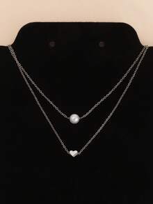 1 pezzo Collana elegante e versatile con ciondolo a forma di cuore in finta perla e doppia città, adatta per uso quotidiano, regalo perfetto per la Festa di San Valentino - Collana di perle a doppio cuore - Visualizzare 7