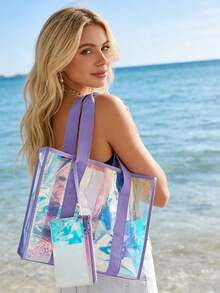 1/2 pezzi/set Grande borsa trasparente con laser per la spiaggia per donne, borsa da spiaggia impermeabile e a prova di sabbia con cerniera e tasca trasparente con laser, per vacanza, vacanze, viaggio, spiaggia, piscina, crociera, battello, regalo di compleanno, regalo per feste - Multicolore - Visualizzare 1