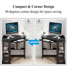 VECELO Corner Computer Desk With Keyboard Tray And Storage Shelves, Triangle Space-Saving Desk For Bedroom Or Home Office,Black - 黑色 - 查看 3