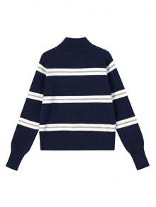 Striped Cardigan Sweater, New Autumn/Winter High Neck Slim Fit Versatile Knit Jacket, Random Fabric Piece - Navy Blue - View 4