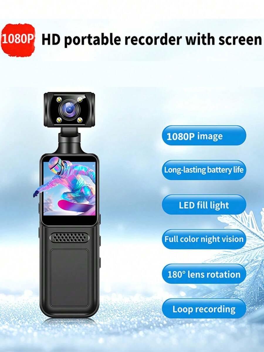 1080P高清可穿戴相机，配备1.33英寸彩色屏幕、USB充电、180°旋转运动相机功能和手持稳定器。这款口袋大小的运动相机非常适合记录生活、旅行、Vlog、直播和户外探险——是情侣、返校或复活节的理想礼物，包含64GB存储卡。