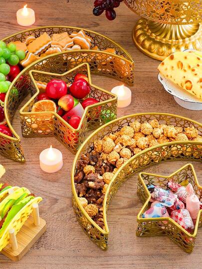 Kuun ja tähden muotoinen jälkiruokatarjotin, puolikuun muotoinen ruokatarjotin, ramadan-metallinen tarjoilulautanen aamiaiselle/päivälliselle, eid-kuu- ja tähtikoristelautanen, islamilainen ramadan-ruokatarjotin, rautatarjotinkoriste, sopii ramadan-juhlien makeisten ja leivonnaisten esillepanoon (vintage-kulta)