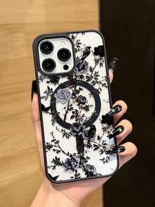 1pc New Creative Black Magnetic Shadow Forest Peony Pattern Unique Phone Case Compatible With Apple Series 16 Pro Max, 11/12/13/14 Plus, XR, 7/8 Plus, 15 Pro Max, And Series.Christmas Accessories. - 黑色 - 查看 5