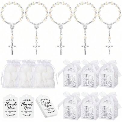 100 Piece Baptism Set Includes Mini Rosary Favors, Favor Boxes, Organza Bags, Thank Tags - Christian Gifts (Silver)