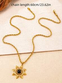 不锈钢镀18K金太阳几何项链，水钻和人造黑色宝石吊坠，复古金属风格女士项链 - 金黃色 - 查看 4
