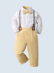 BOARNSEORL 2pcs Young Boys Gentleman Outfit - White Long Sleeve Shirt With Bow Tie And Khaki Suspender Pants, Fashionable, Elegant, Suitable For Birthday Party, Formal Occasion, Wedding, Holiday - Yellow - View 3